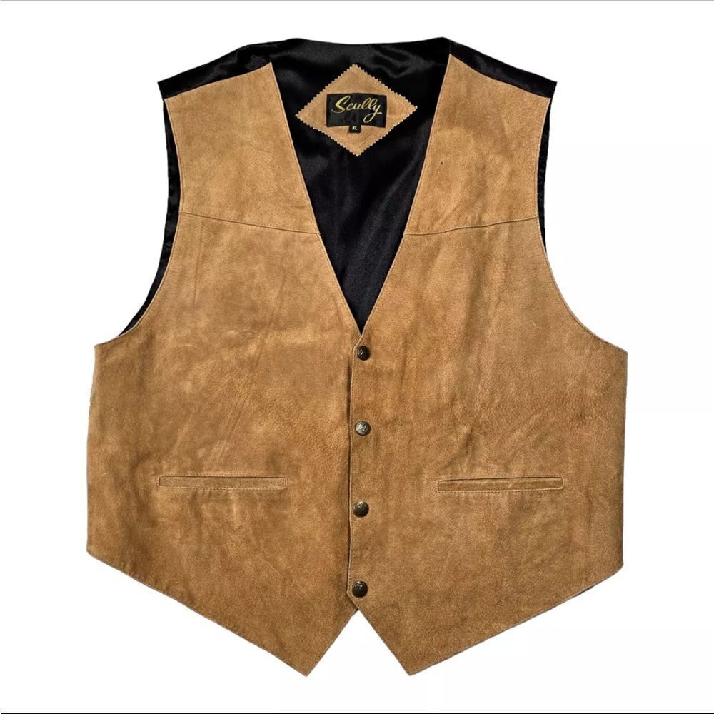 Scully Men’s M Beige Suede Leather Western Vest Boar Suede Snap Front Adjustable